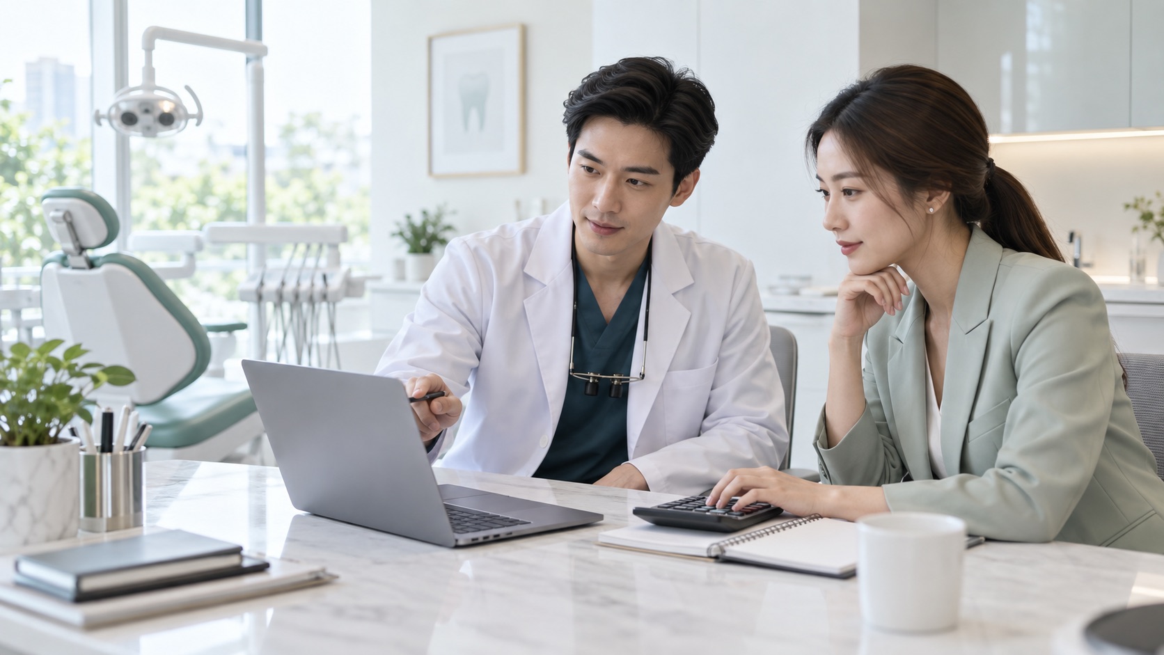 ทันตแพทย์กับผู้จัดการคลินิกกำลังทบทวนข้อมูล Doctor Fee ที่โต๊ะทำงาน